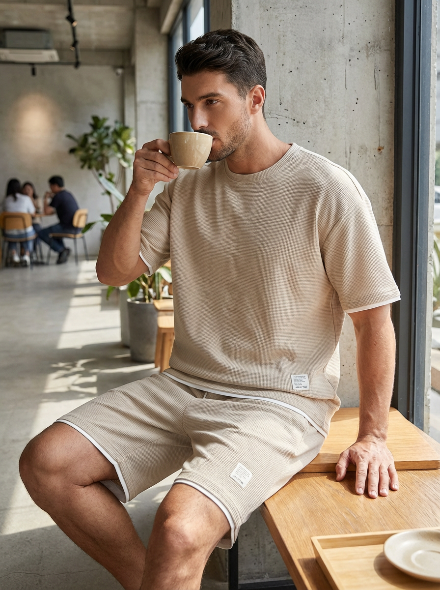 Men's relaxed fit t-shirt and straight-fit shorts set in structured fabric with minimalist design