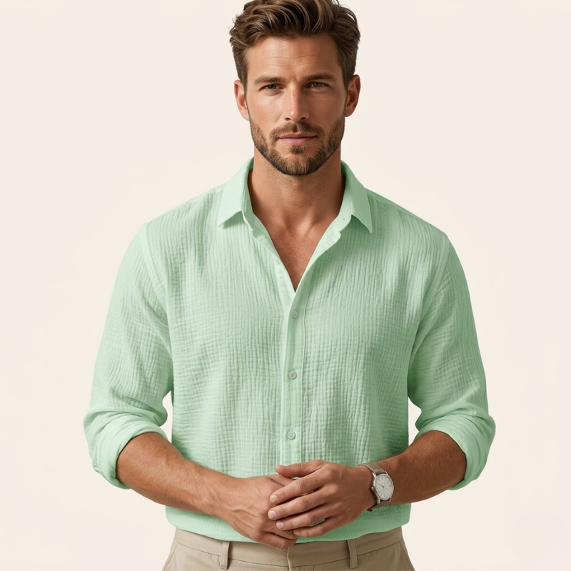 Men's long-sleeved shirt in textured woven fabric with an open collar and regular fit