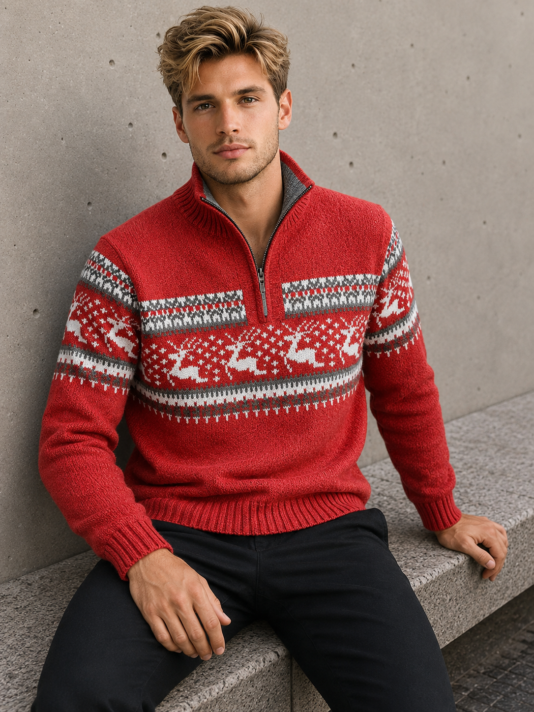 Red patterned half-zip knit sweater for men