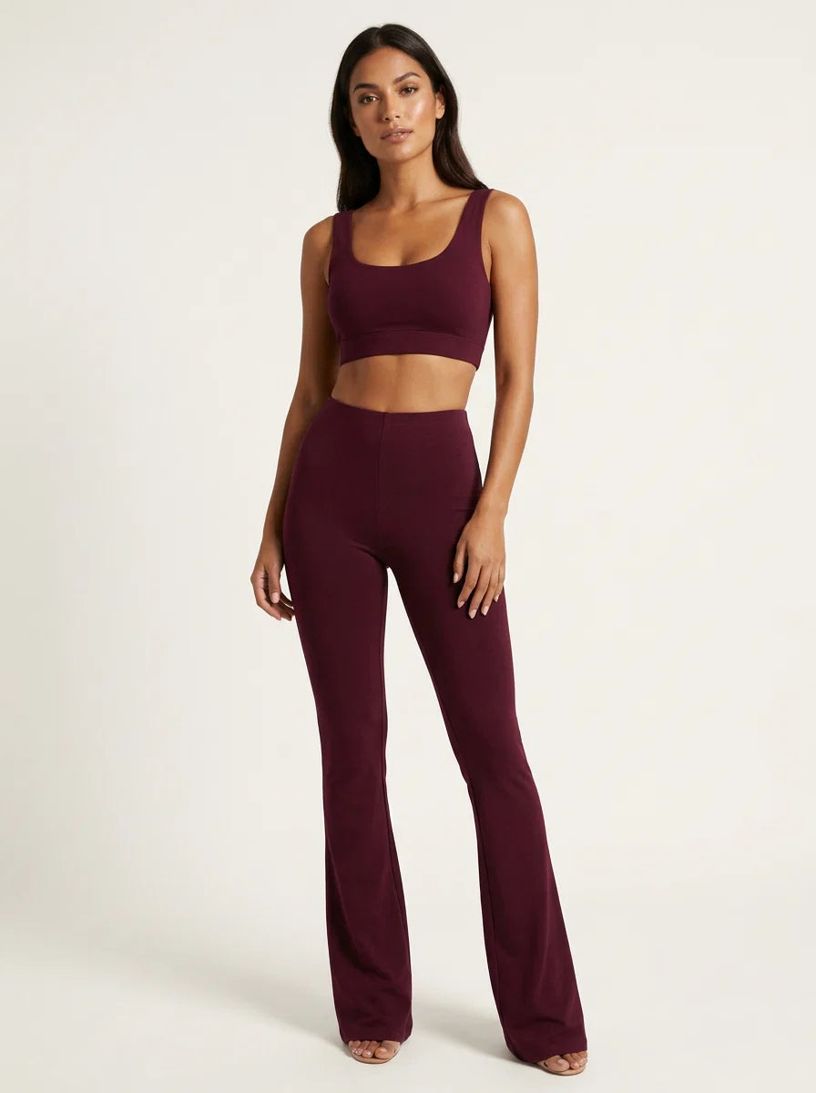 Women's high waisted flared trousers in Burgundy full length