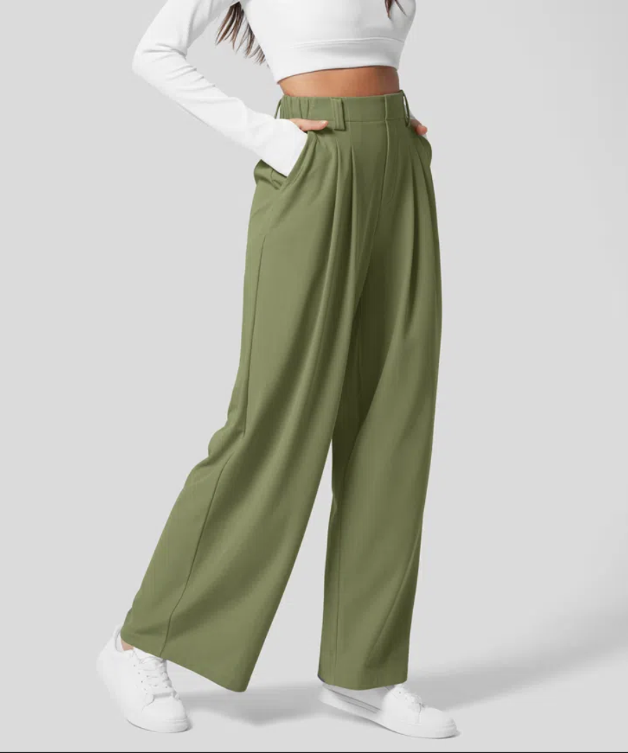 Women's wide-leg woven trousers, high-waisted with a smooth surface and full-length leg