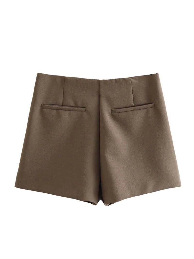 Women’s brown high waist skort with smooth woven finish