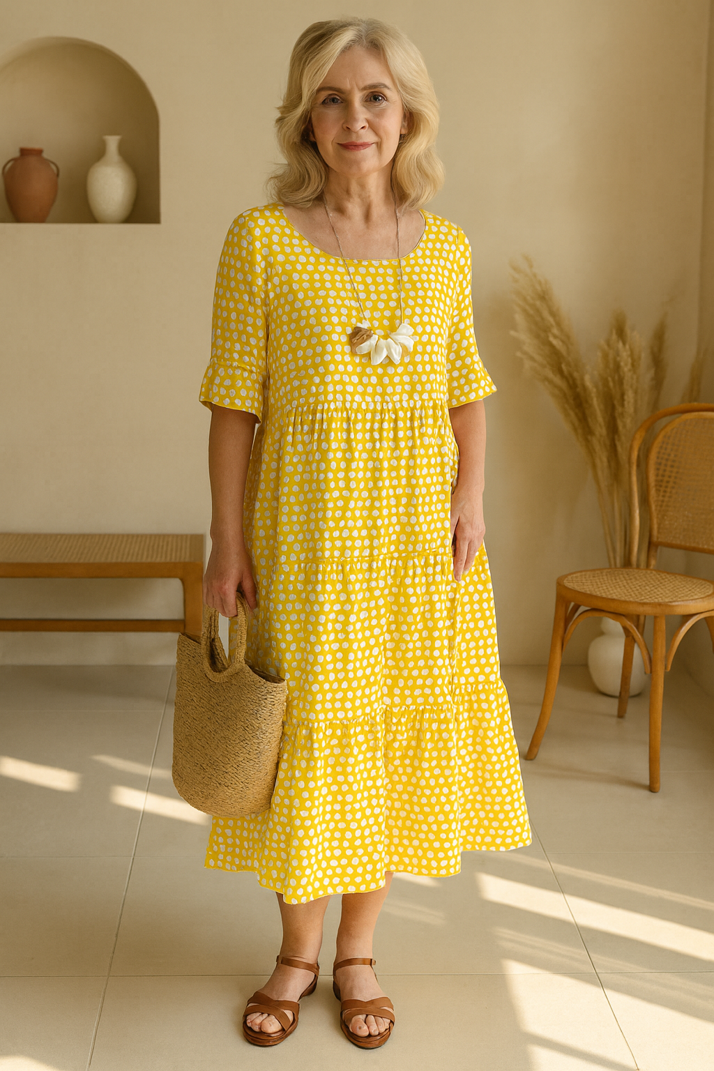 Polka dot midi dress with multi-tiered ruffles and relaxed round-neck silhouette for women
