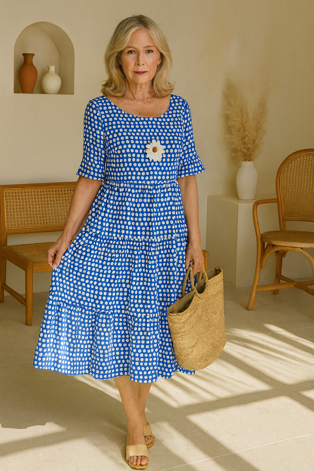 Women's midi-length polka dot dress with gathered ruffle skirt and loose silhouette
