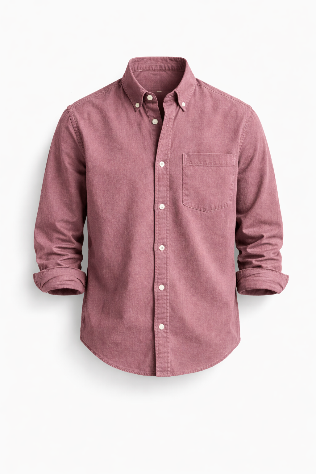 Men's long-sleeve denim shirt with button cuffs, rounded hem, and a chest pocket