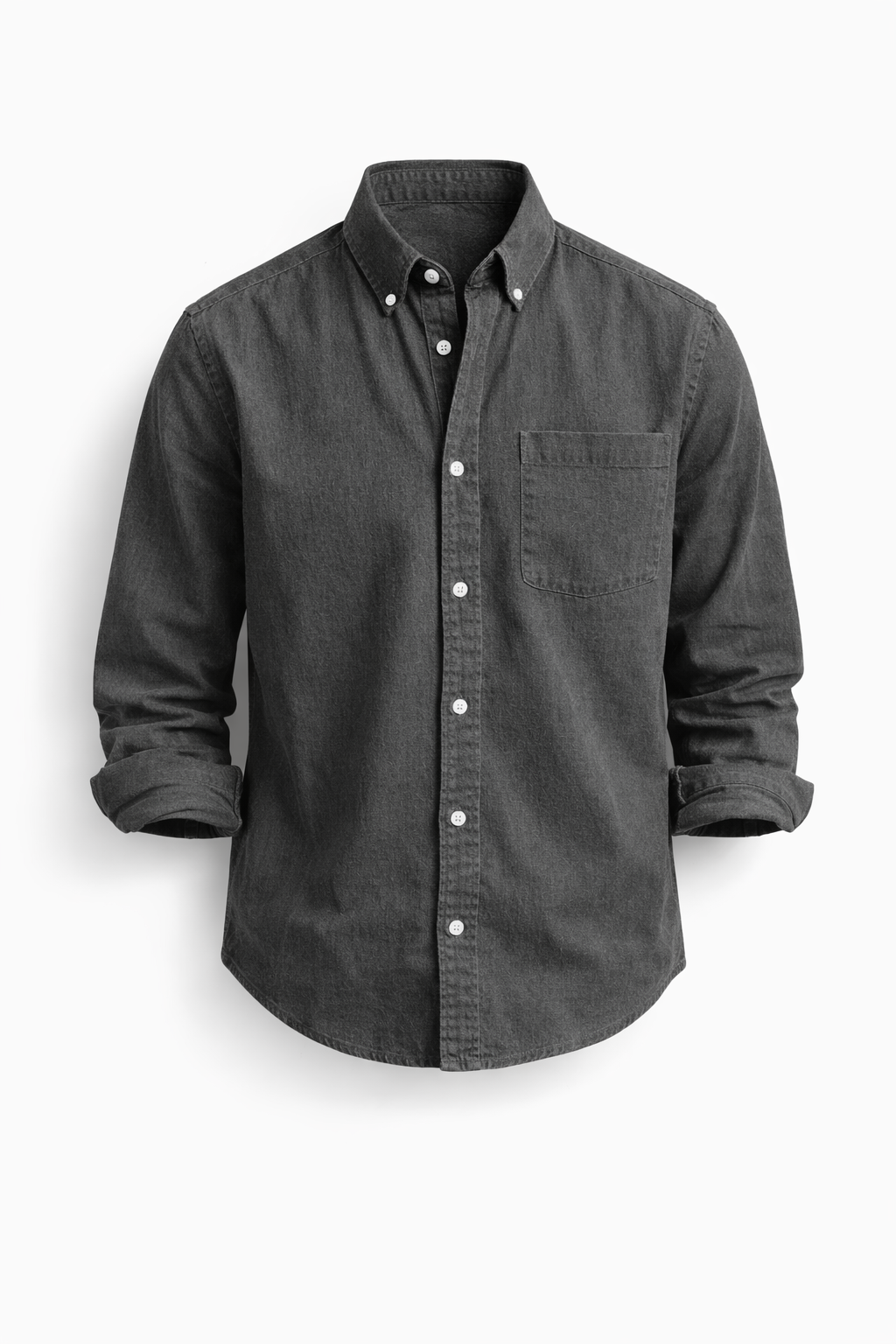 Men's denim shirt with a classic collar, front button closure, and clean seam construction