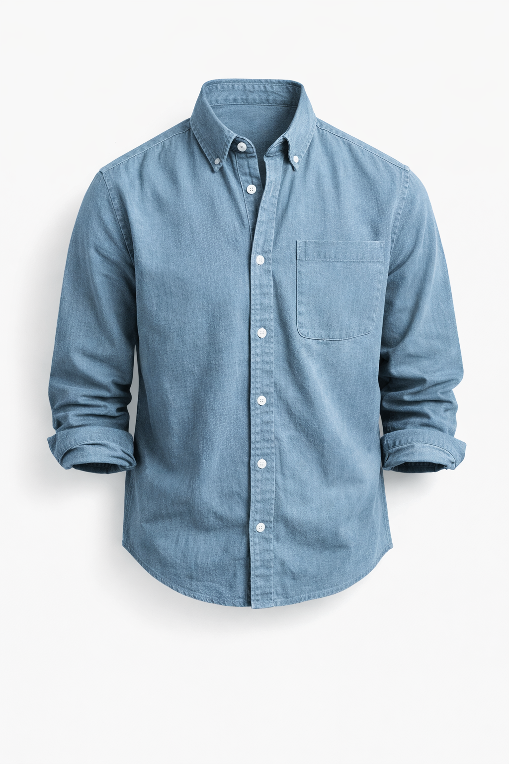 Men's long-sleeve denim shirt with classic collar, button cuffs, and a chest pocket