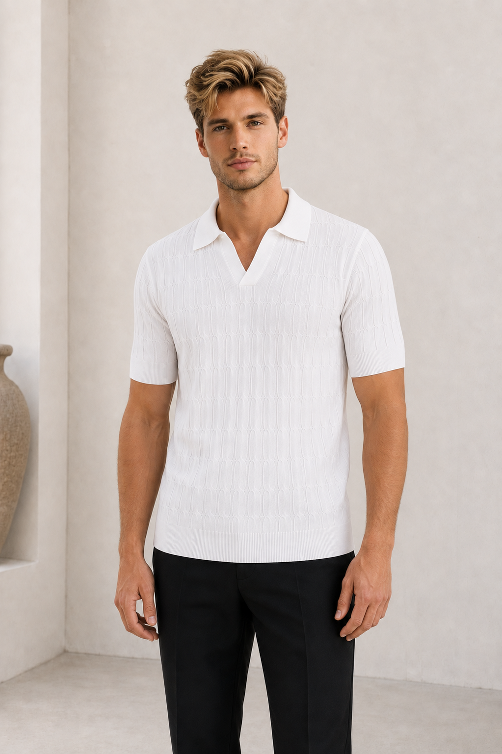 Men's white textured summer polo shirt front view