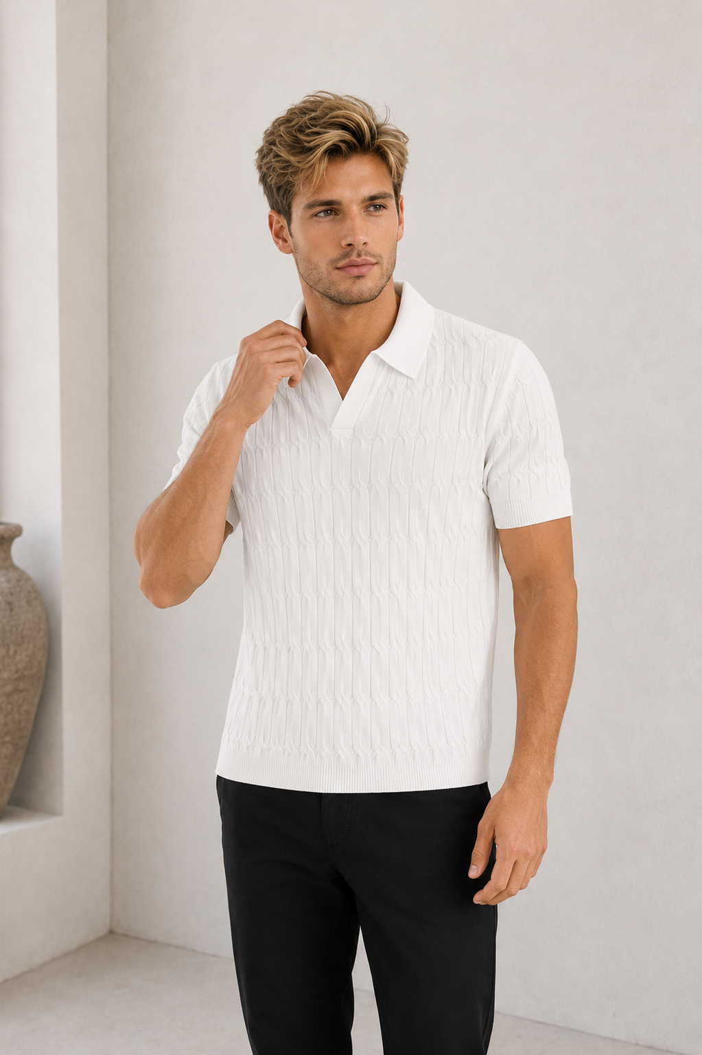 Men's white summer polo shirt full outfit view