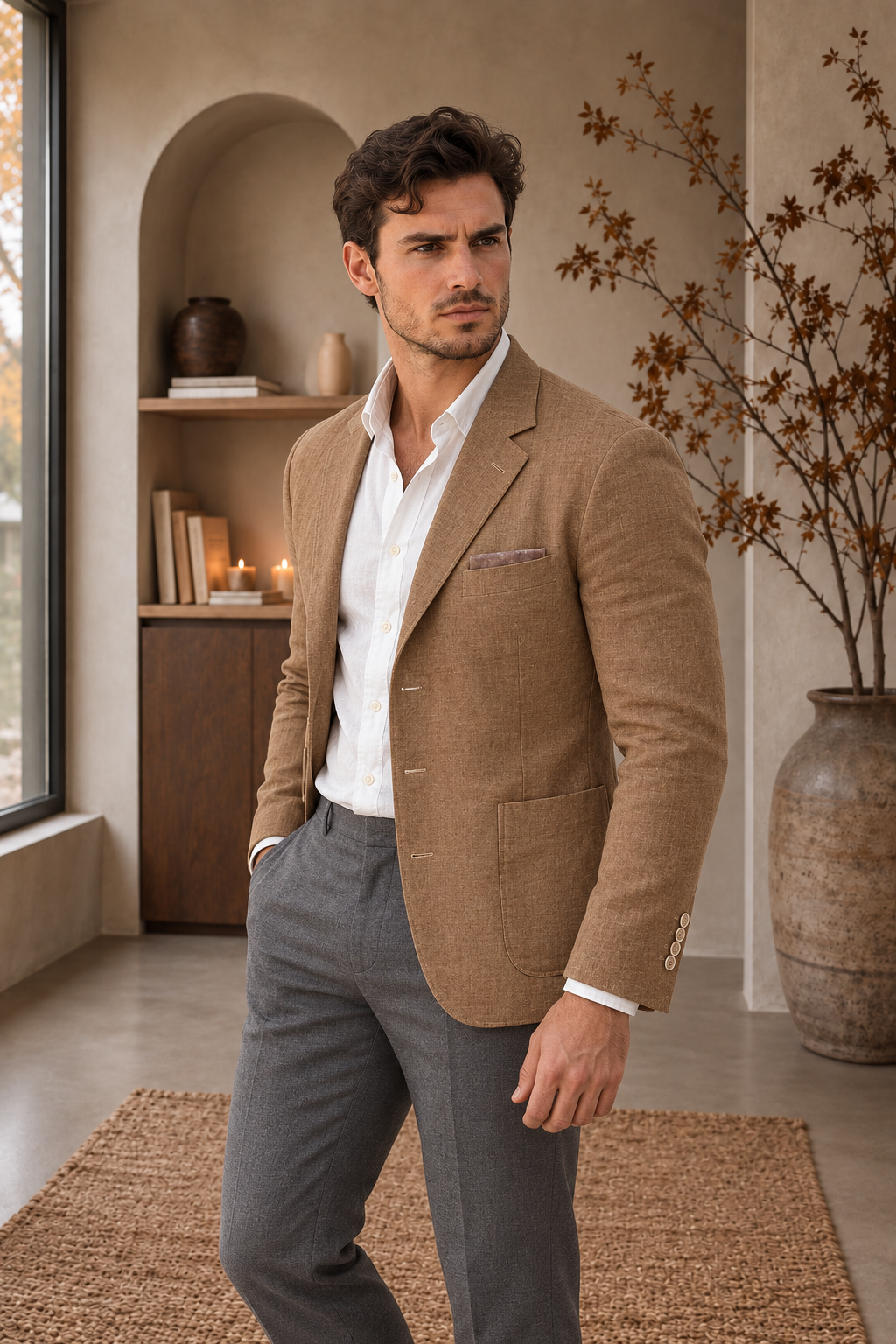 Men's brown linen-blend blazer with notched lapel and button front