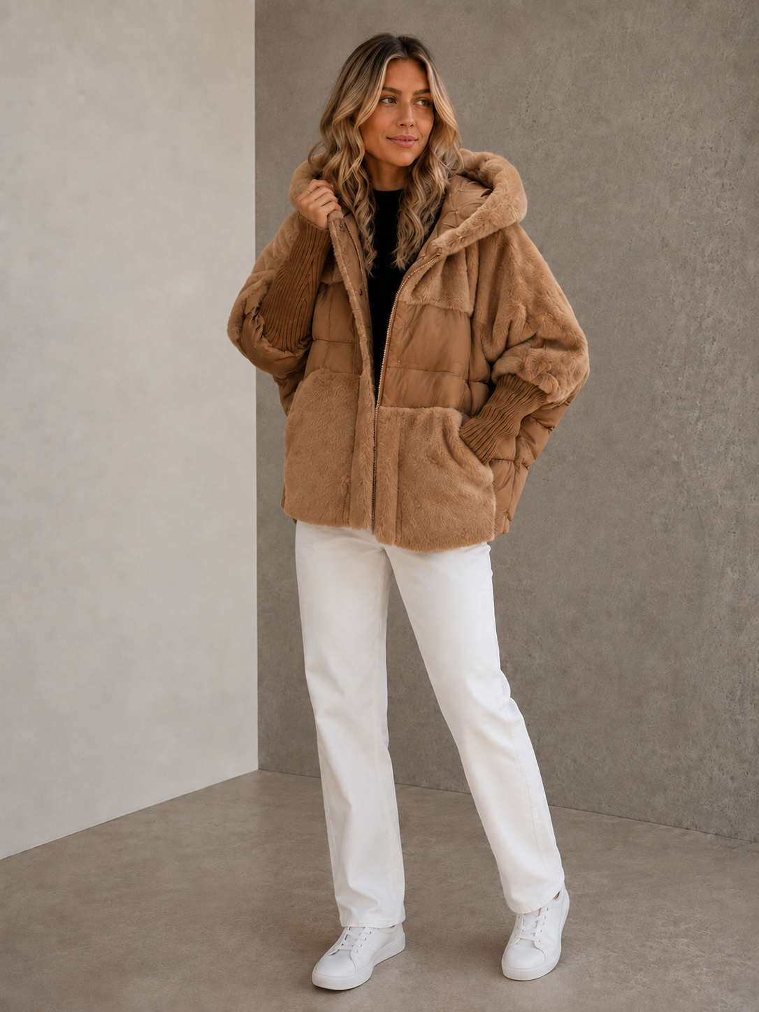 Brown padded winter jacket with wide collar for women