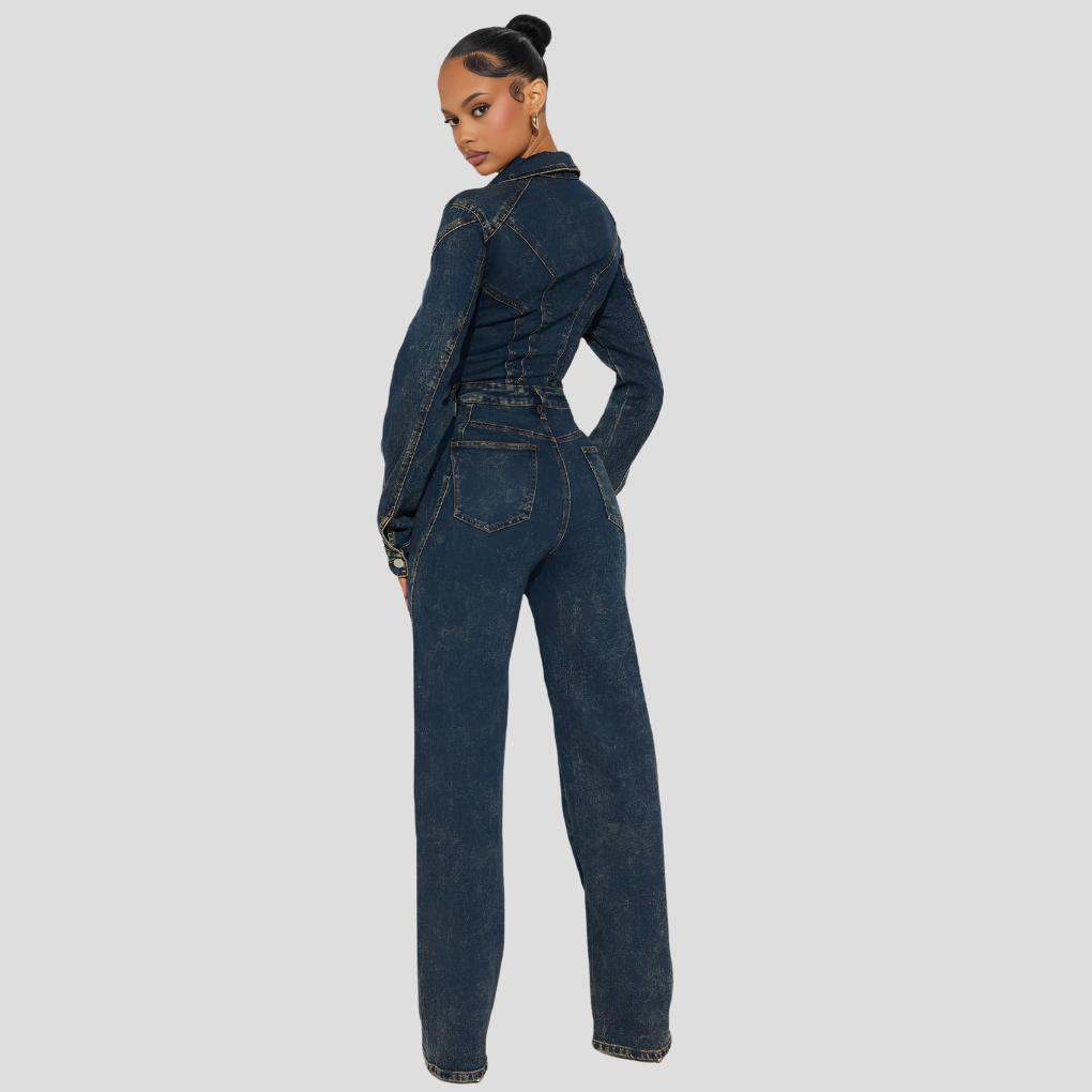 Women's full-length denim jumpsuit with wide legs and tailored fit, back view