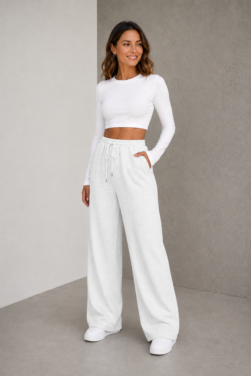Women's wide-fit woven trousers with high waist and elastic drawstring waistband