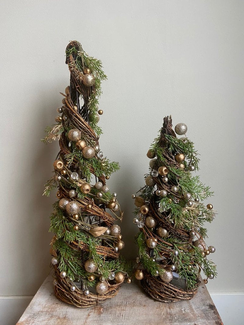 Julgransdekoration i Brun, Grön och Guld – Mini Julgran 40x15 cm och Stor 60x17 cm för Festlig Inredning