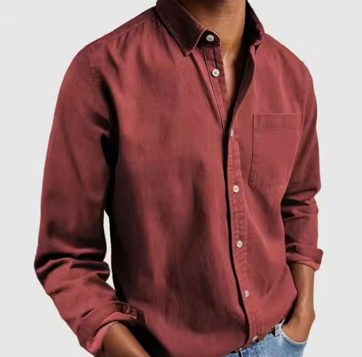 Men's woven linen-blend shirt with front button placket and classic collar