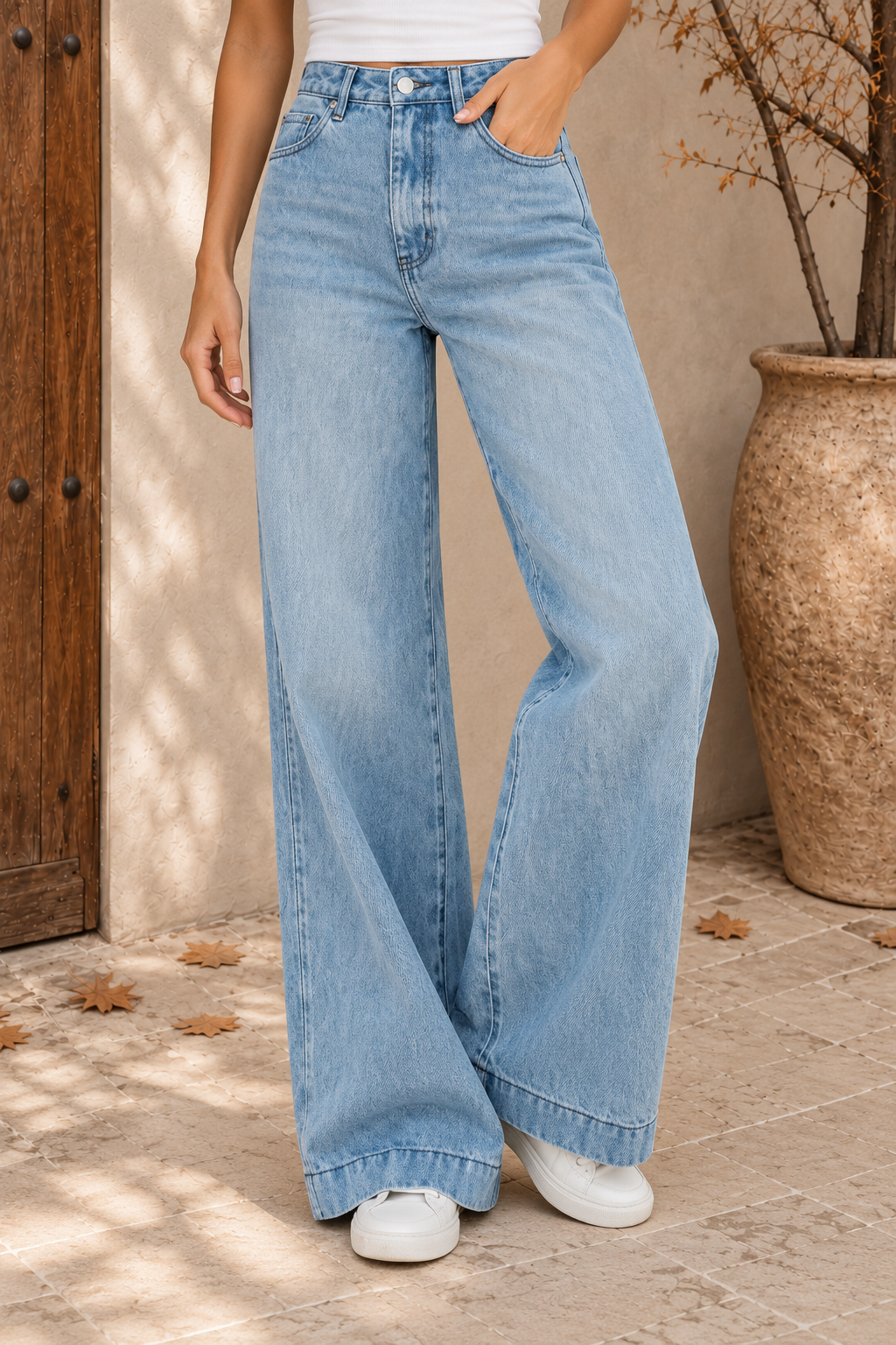 Blue casual baggy denim pants women angled view