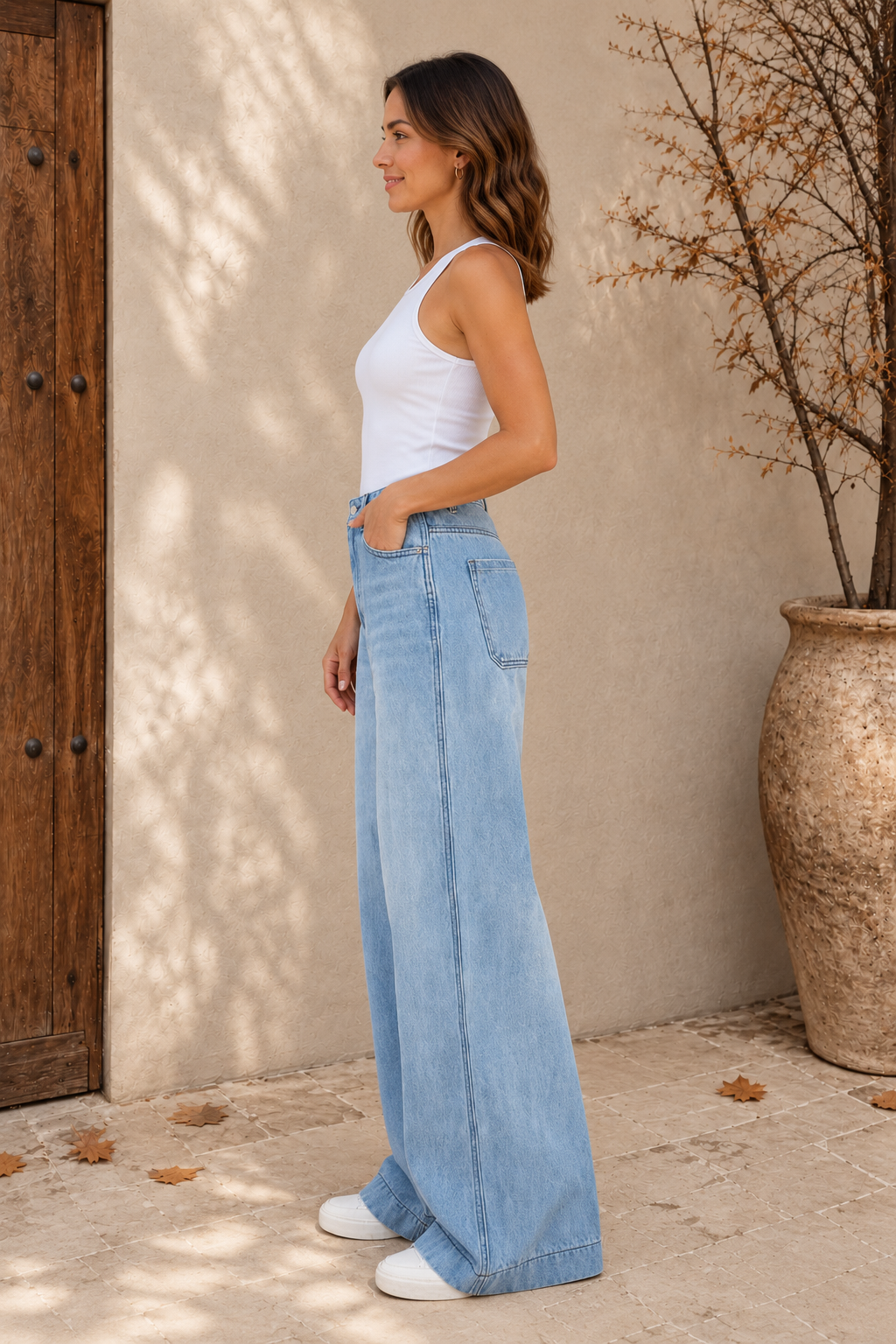 Blue wide leg denim pants women side view