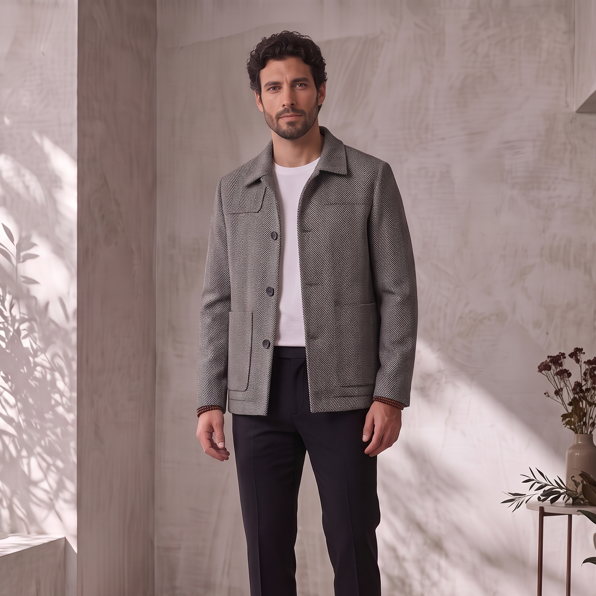 Men's woven jacket with patch pockets and button-front detail