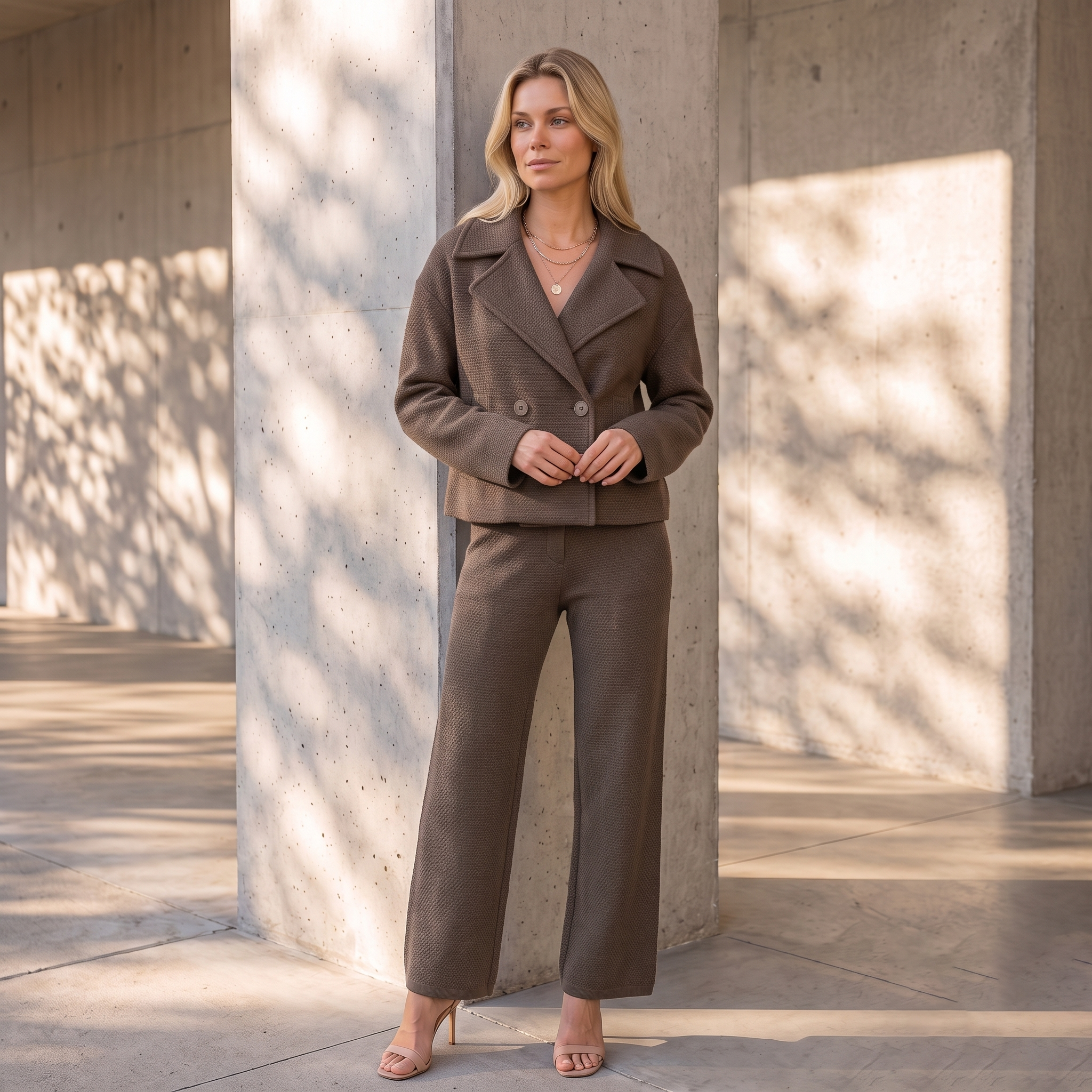Short women's double-breasted coat with wide lapels and straight short hem