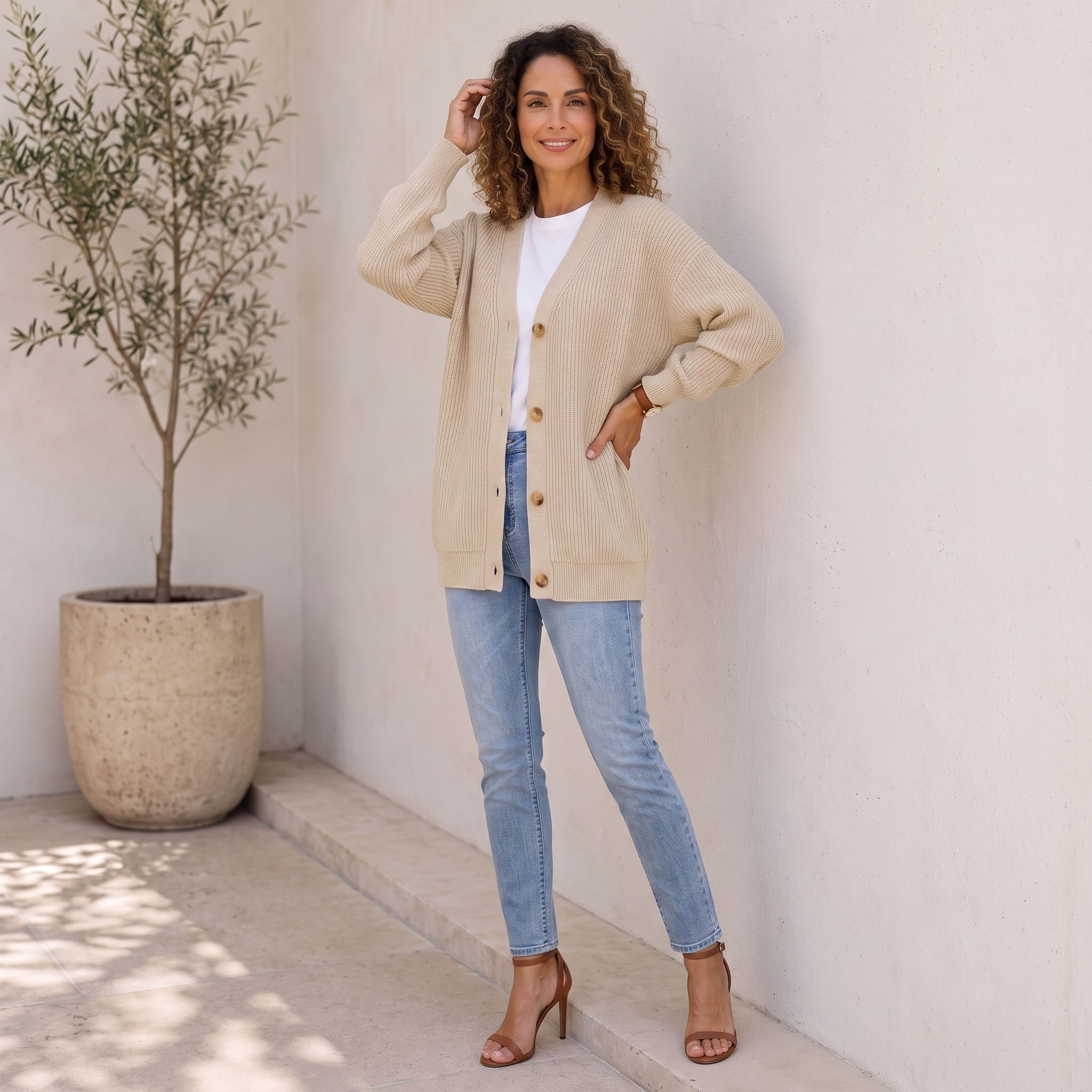 Rib-knit women's cardigan with V-neck, long sleeves, and straight ribbed hem
