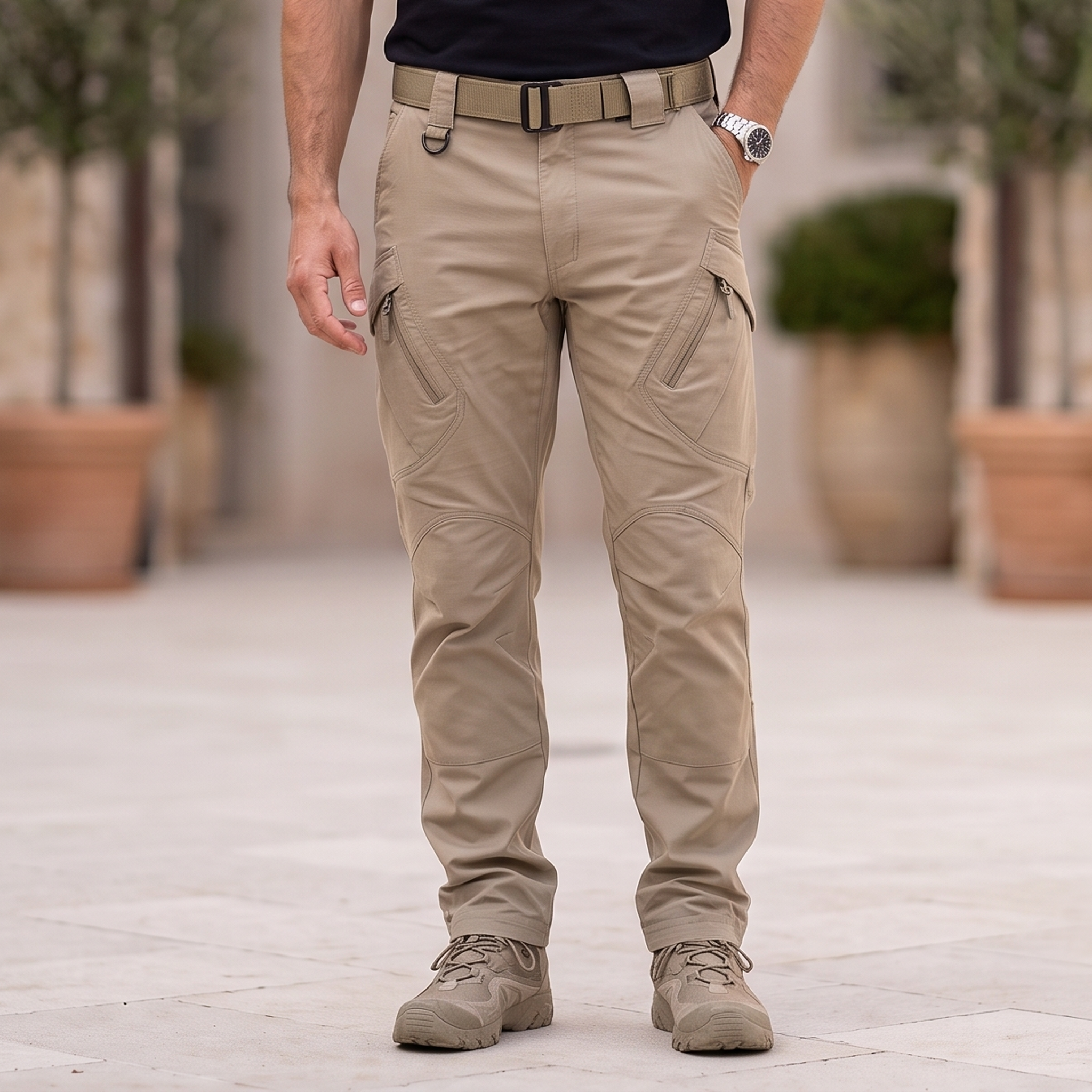 Men's straight-fit cargo pants with button and zipper closure and integrated adjustable waistband