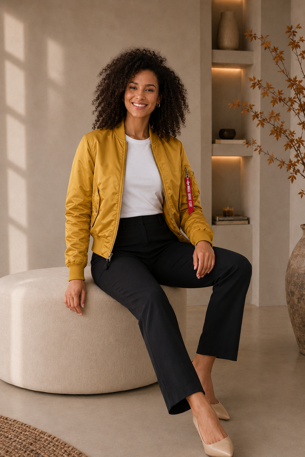 Women's regular-fit bomber jacket with ribbed collar and side pockets