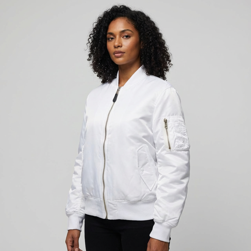 Women's everyday bomber jacket with front zipper and ribbed hem detail