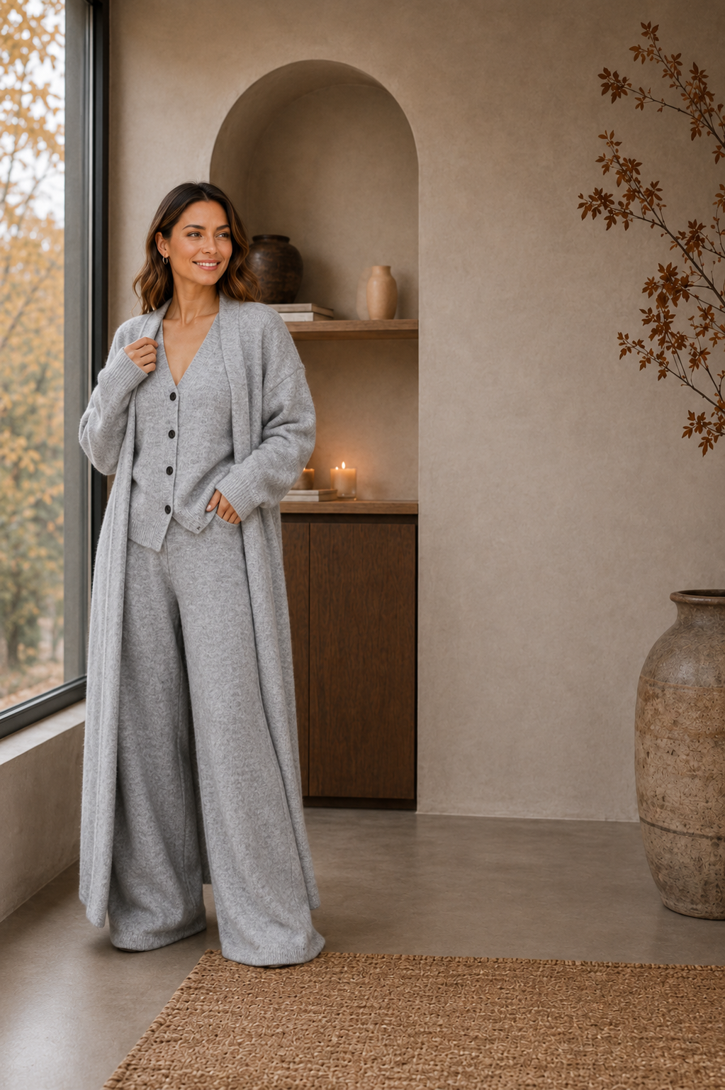 Women’s light grey knitted three-piece matching set with cardigan, vest and wide-leg pants