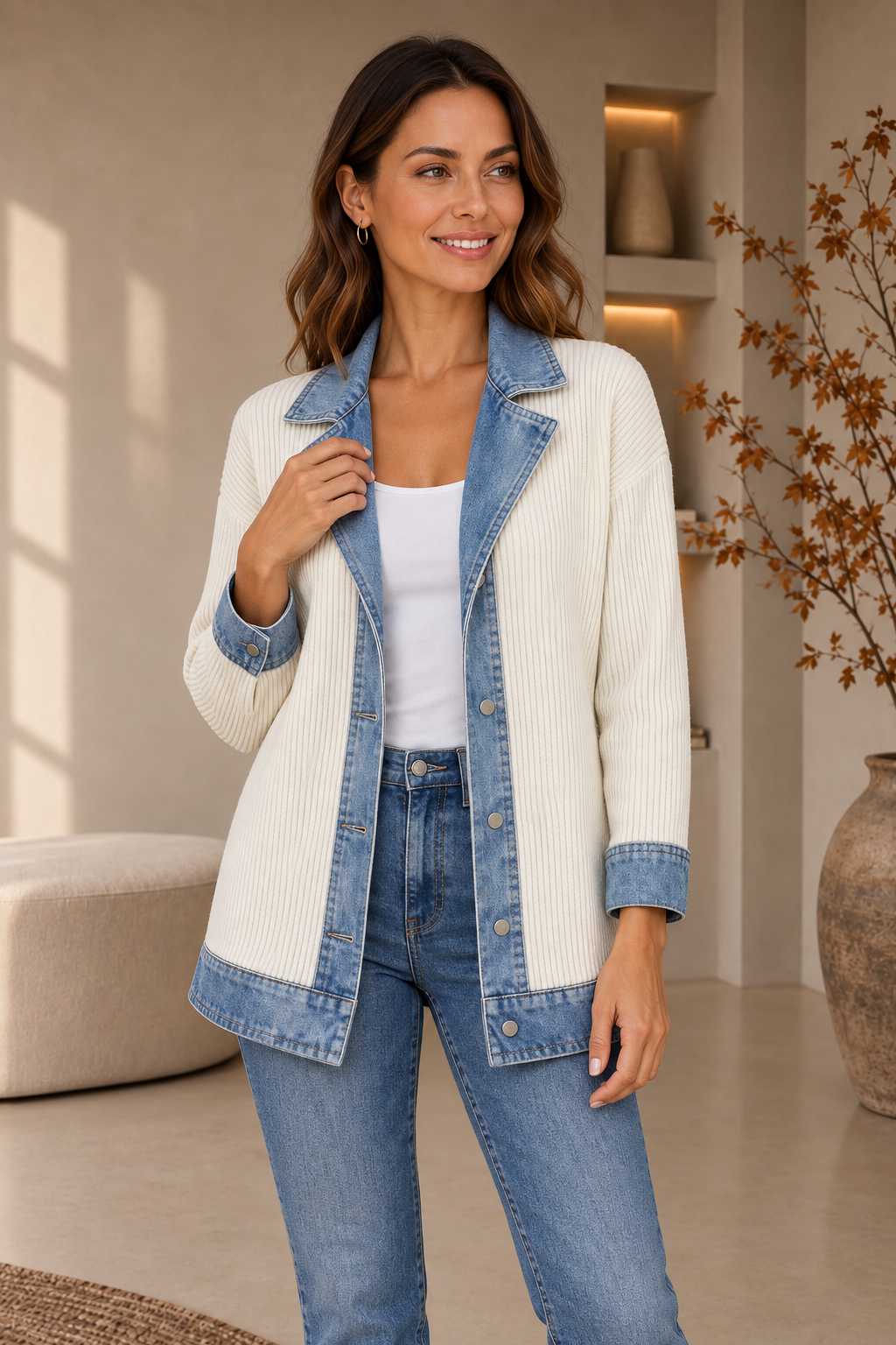 White knitted denim blazer longline women