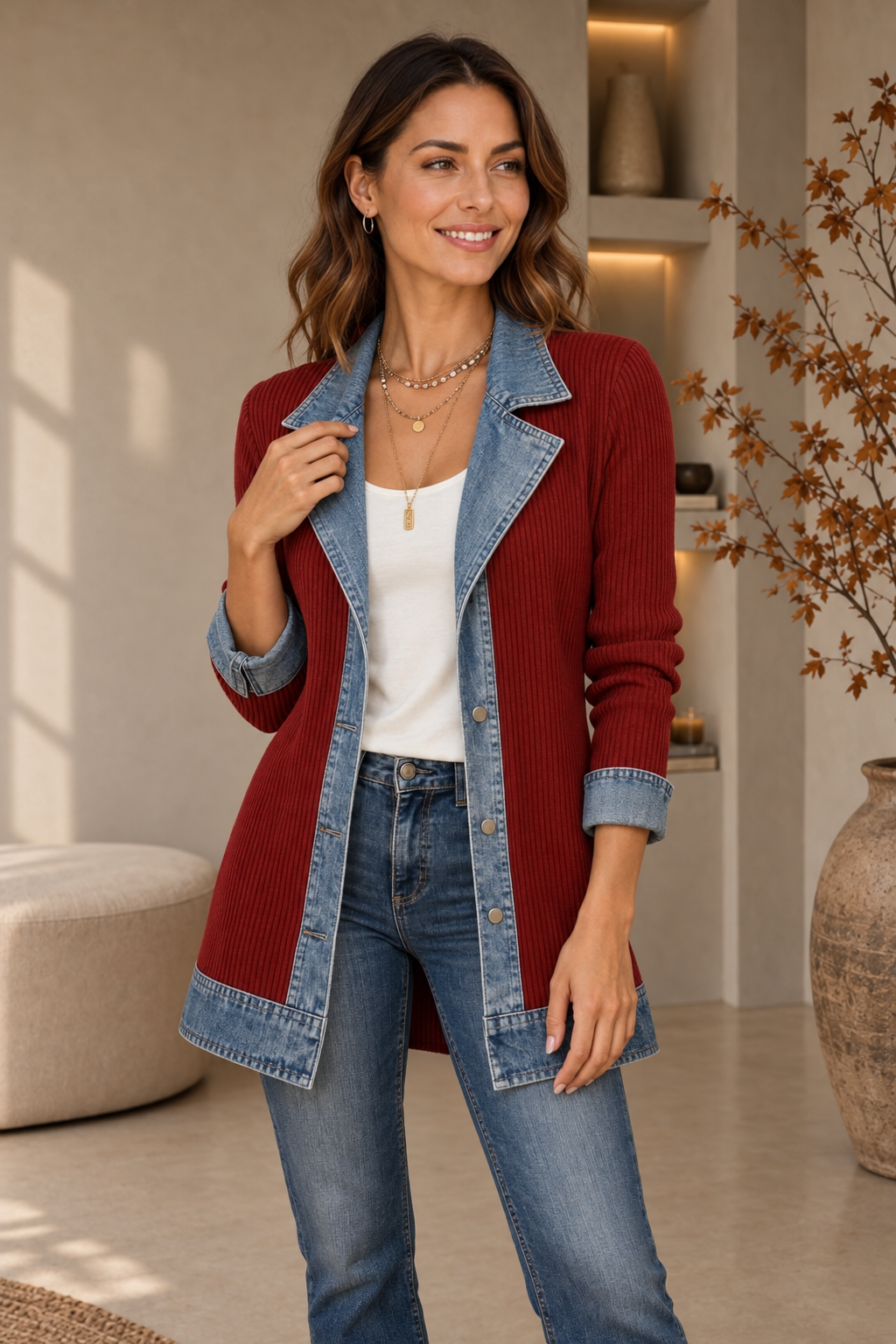 Red knitted denim blazer longline women