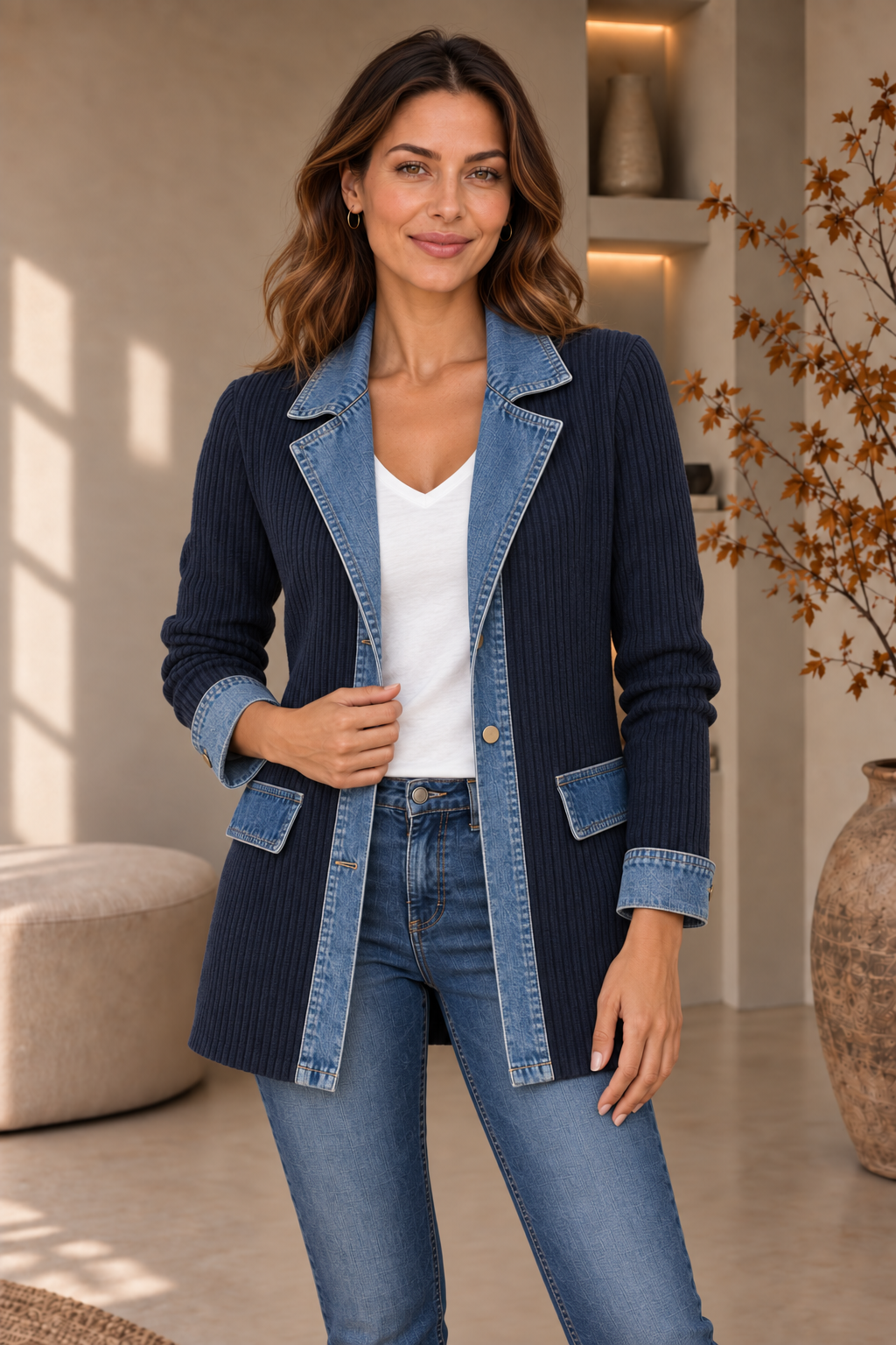 Navy knitted denim blazer longline women