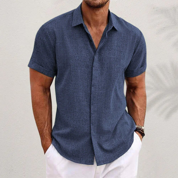 Men's short-sleeve button-up shirt with a front button closure, classic collar, and straight hem