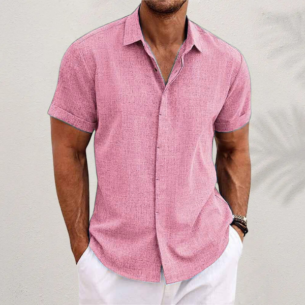 Men's short-sleeve button-up shirt with a lightweight construction, front button closure, and straight hem