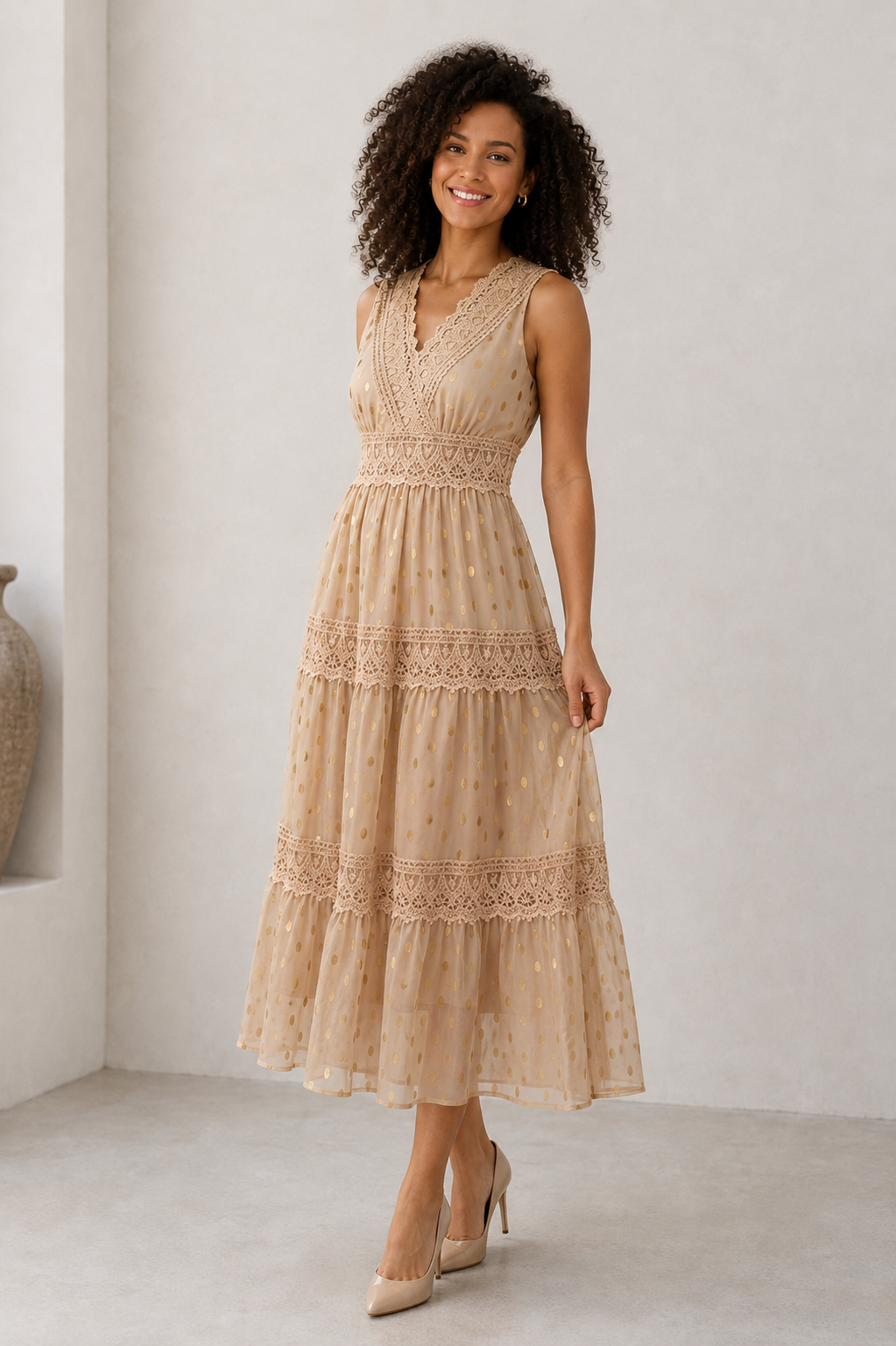 Women's khaki lace detail midi dress