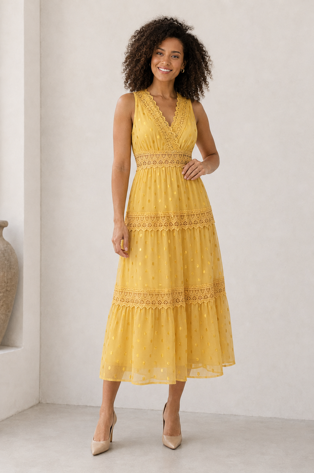 Women's yellow lace detail midi dress