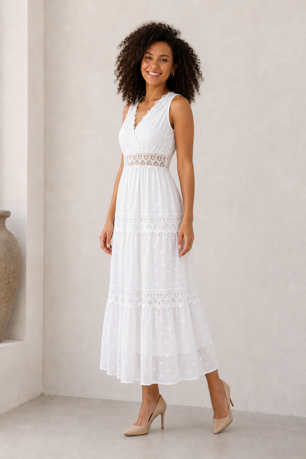 Women's white lace detail midi dress