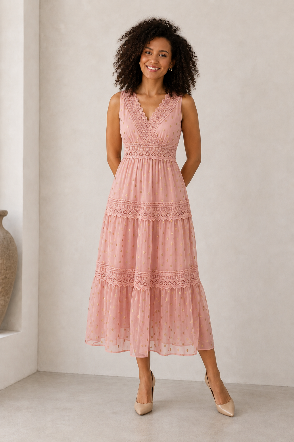 Women's pink lace detail midi dress