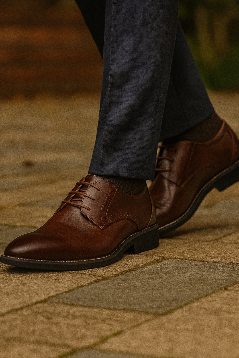 Men's classic Oxford shoes rear view displaying heel and non-slip rubber sole construction