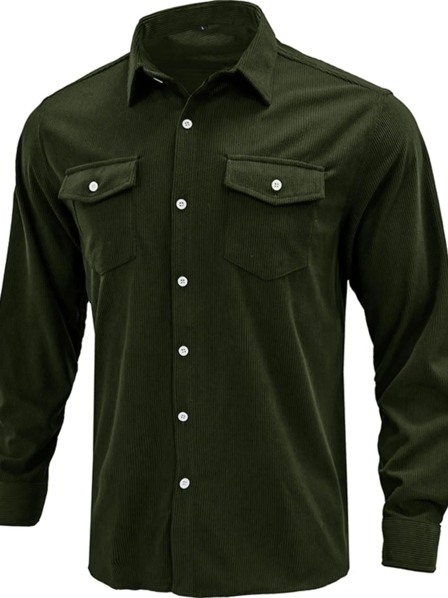 Men's relaxed overshirt displayed from the back, showing long sleeves and clean seam lines