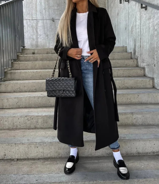 Women's long polyester coat styled for autumn and winter layering