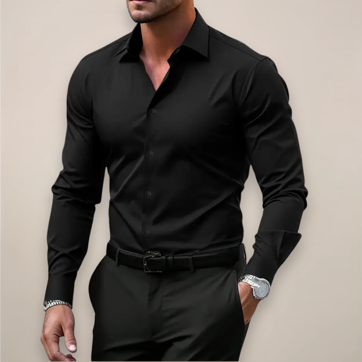 Men's button-up shirt with clean finish and structured tailored shape