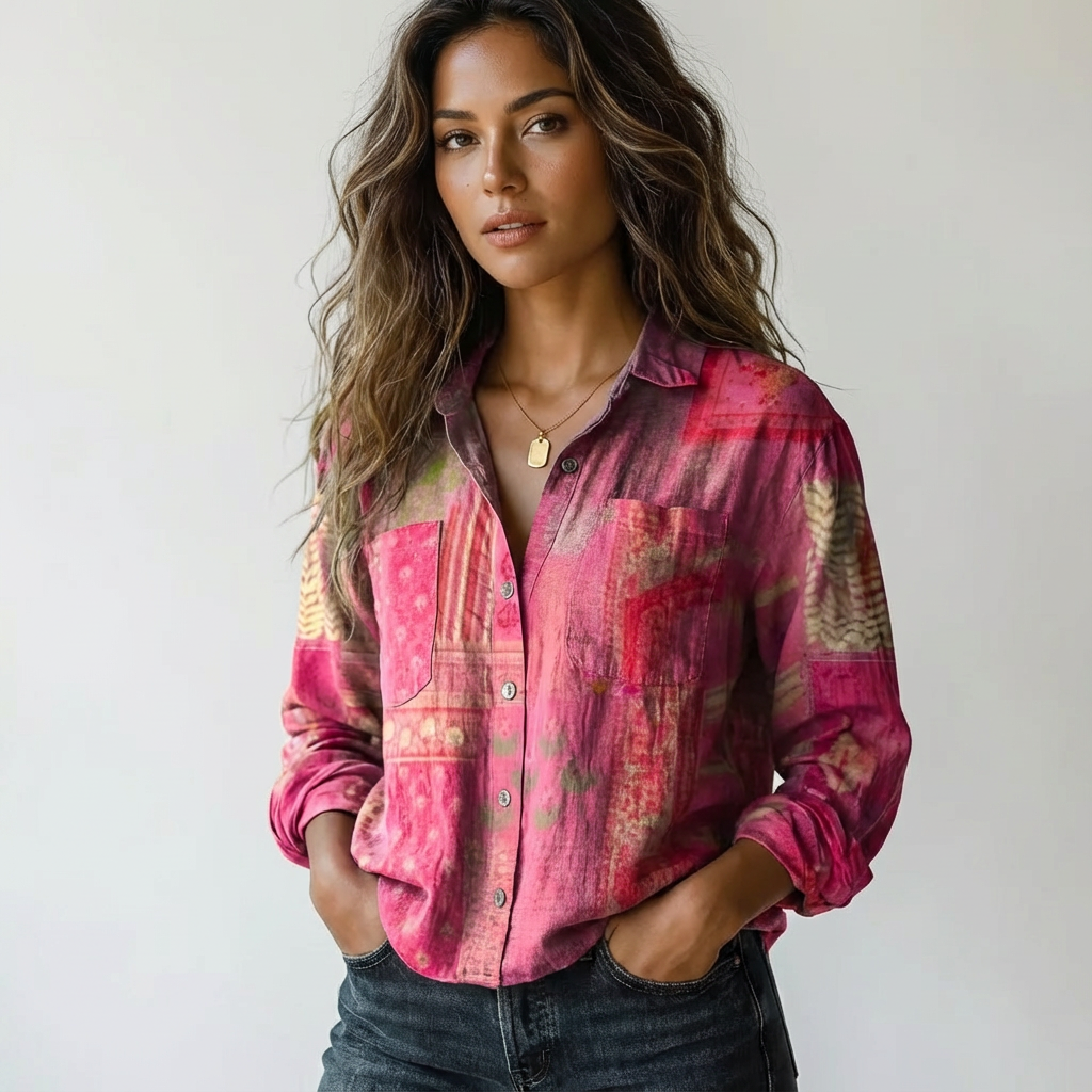 Long-sleeved women's blouse with tonal contrast and classic collar