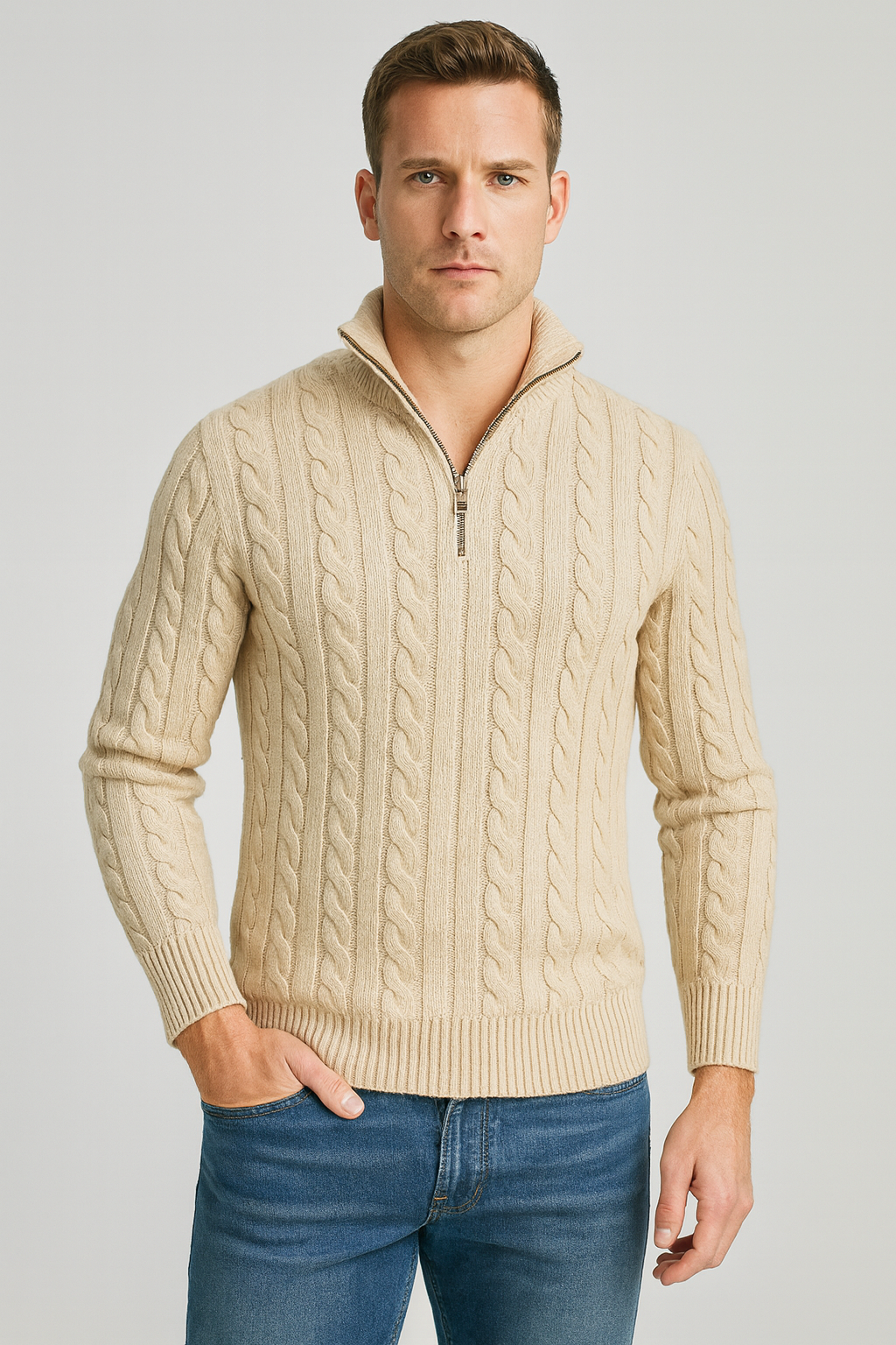 Men's cable-knit quarter-zip sweater in a warm neutral tone, regular fit