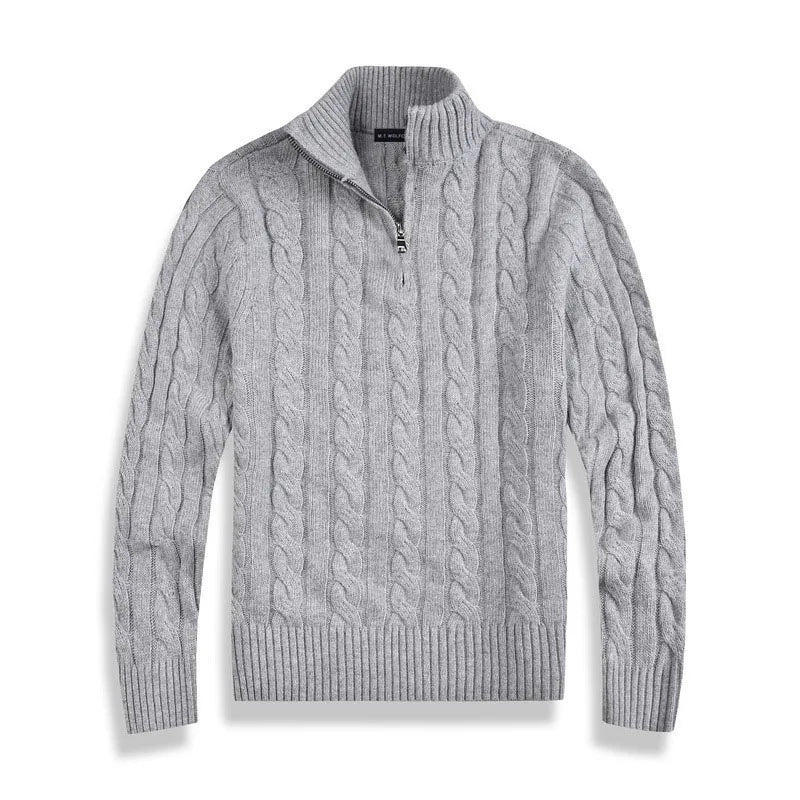 Close-up of cable-knit texture on men's quarter-zip pullover sweater