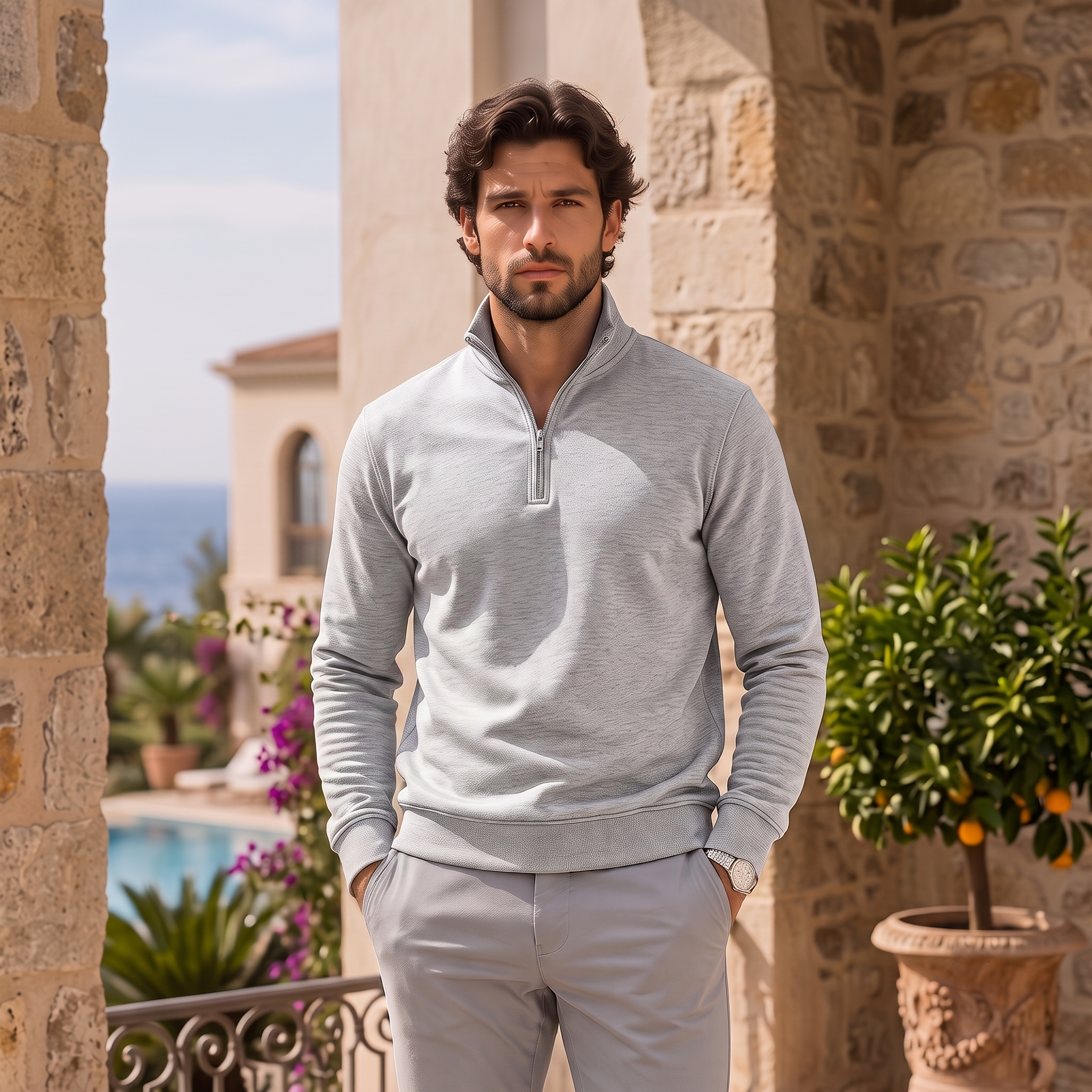 Men's knitted half-zip sweater with smooth surface and ribbed cuffs