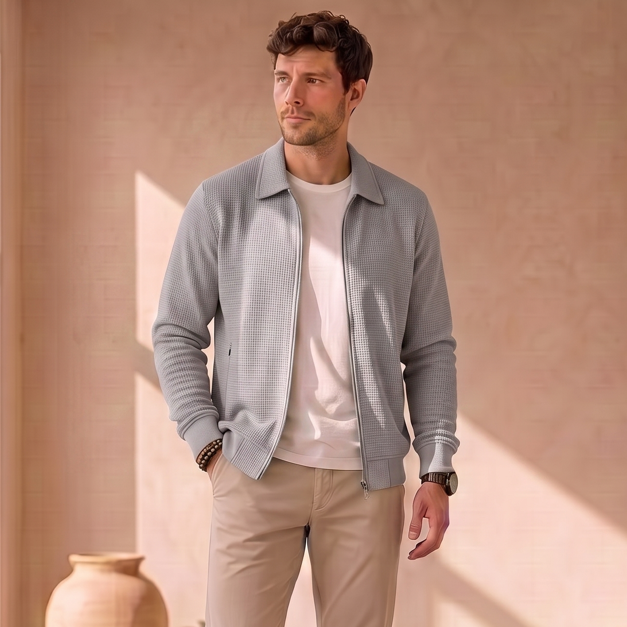 Men's knitted zip jacket with structured silhouette, classic collar, and long ribbed sleeves