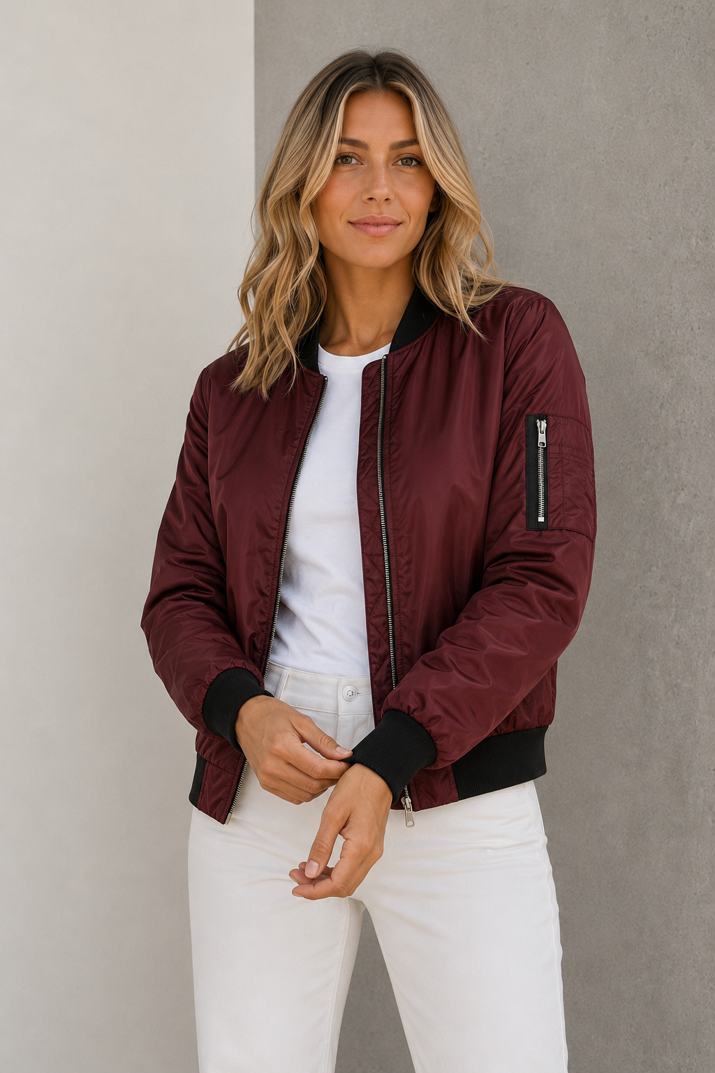 Classic bomber jacket with front zip closure