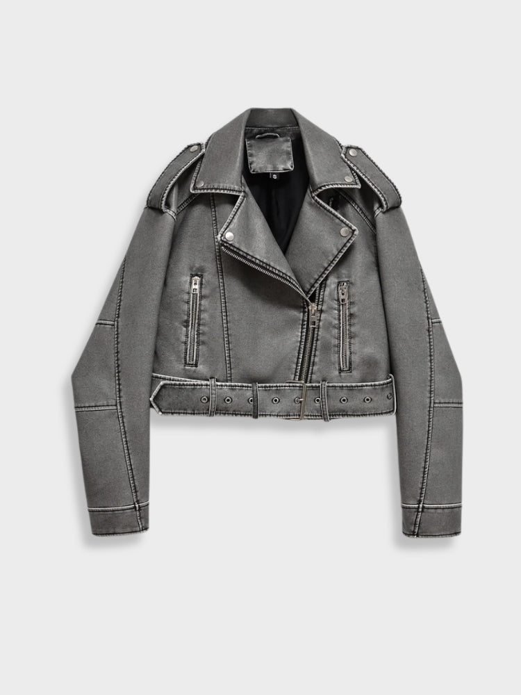 Washed faux leather jacket with asymmetrical zipper