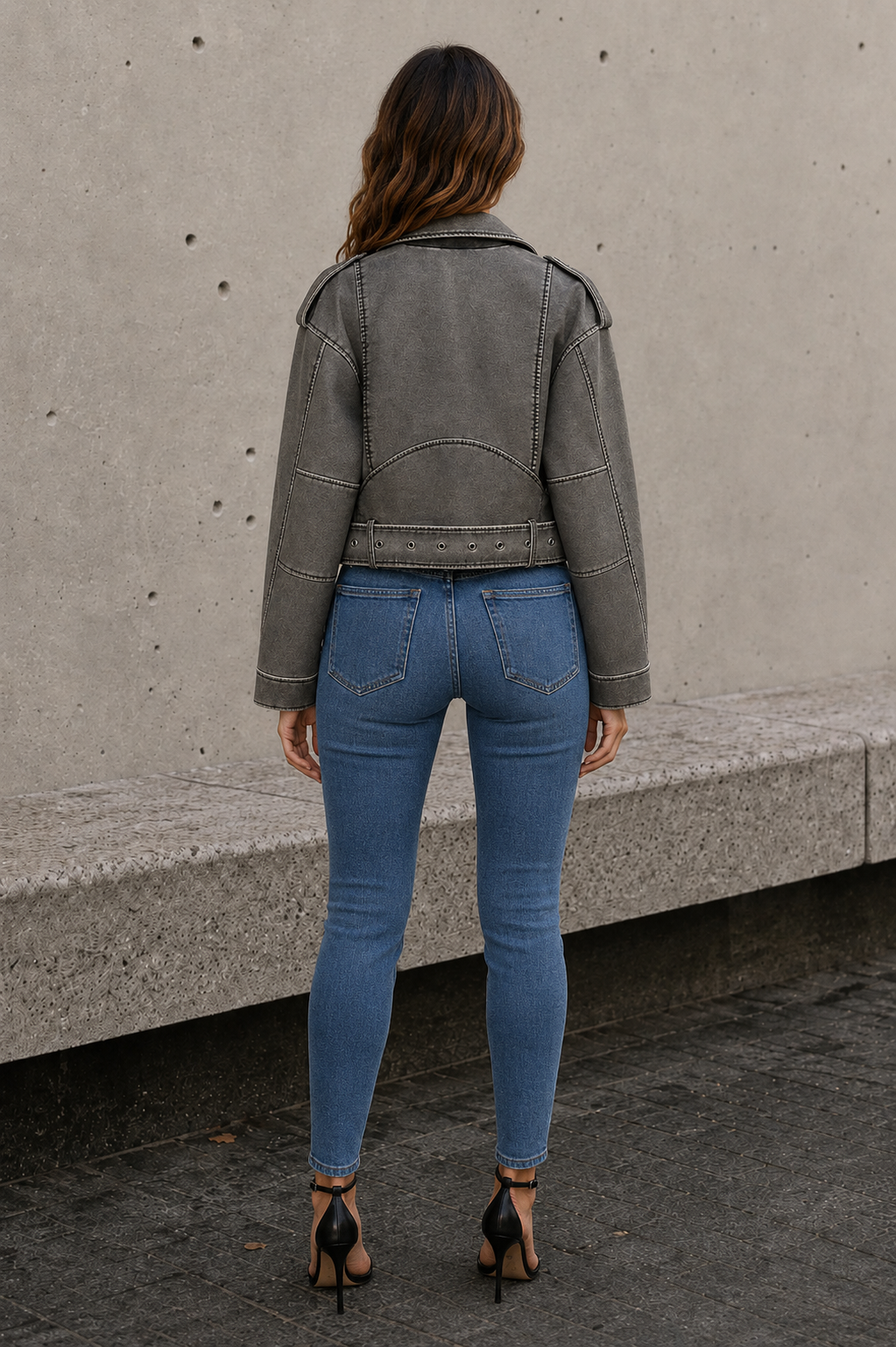 Gray Leather-Look Jacket Lapel Collar and Zipper Detail
