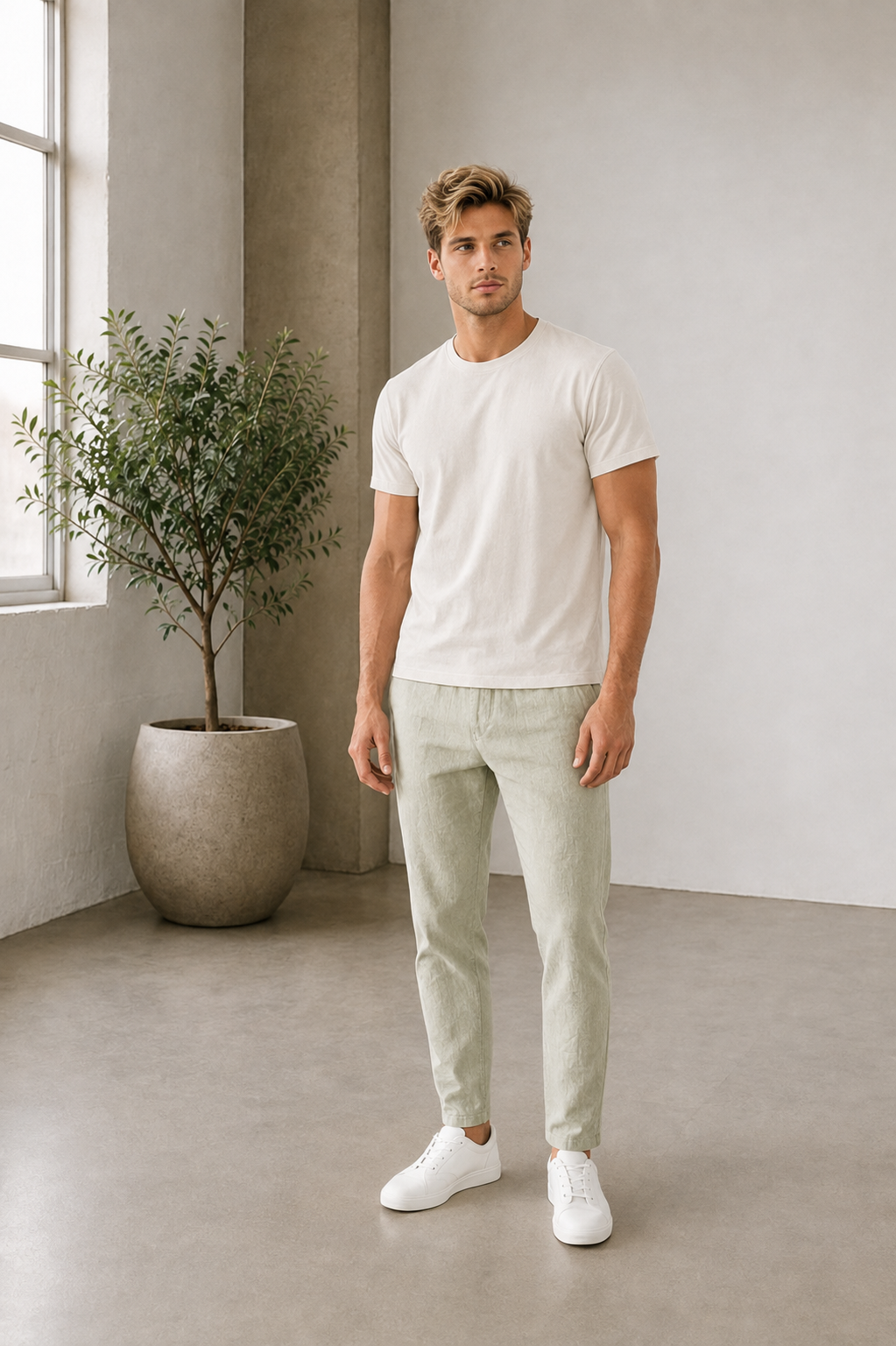 Linen trousers with elastic drawstring waistband